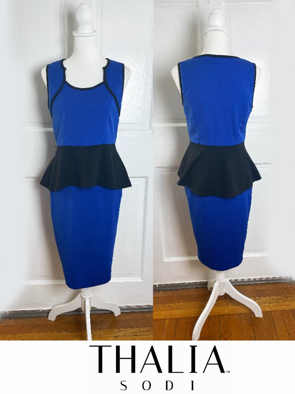Thalia Sodi Blue & Black 2-Piece Pencil Skirt Set | Peplum Top | Size S | EUC